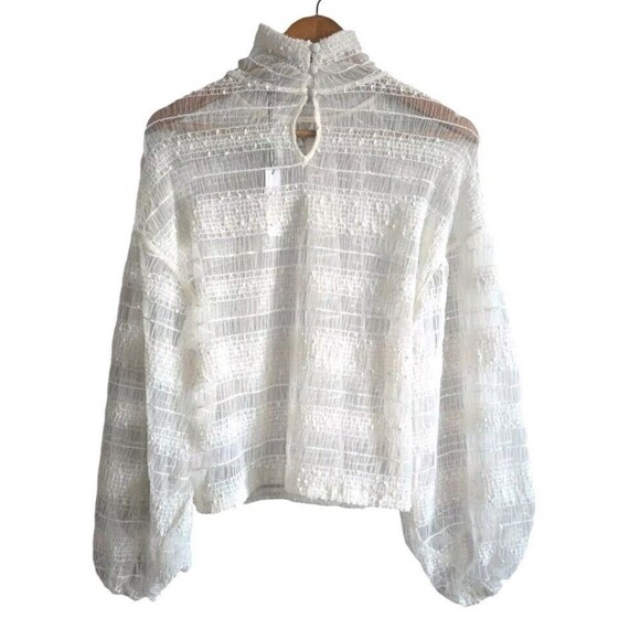 Express Blouse Womens M Cream Sheer Skimming Mesh Mock Neck Balloon Sleeve NWT - Picture 5 of 9
